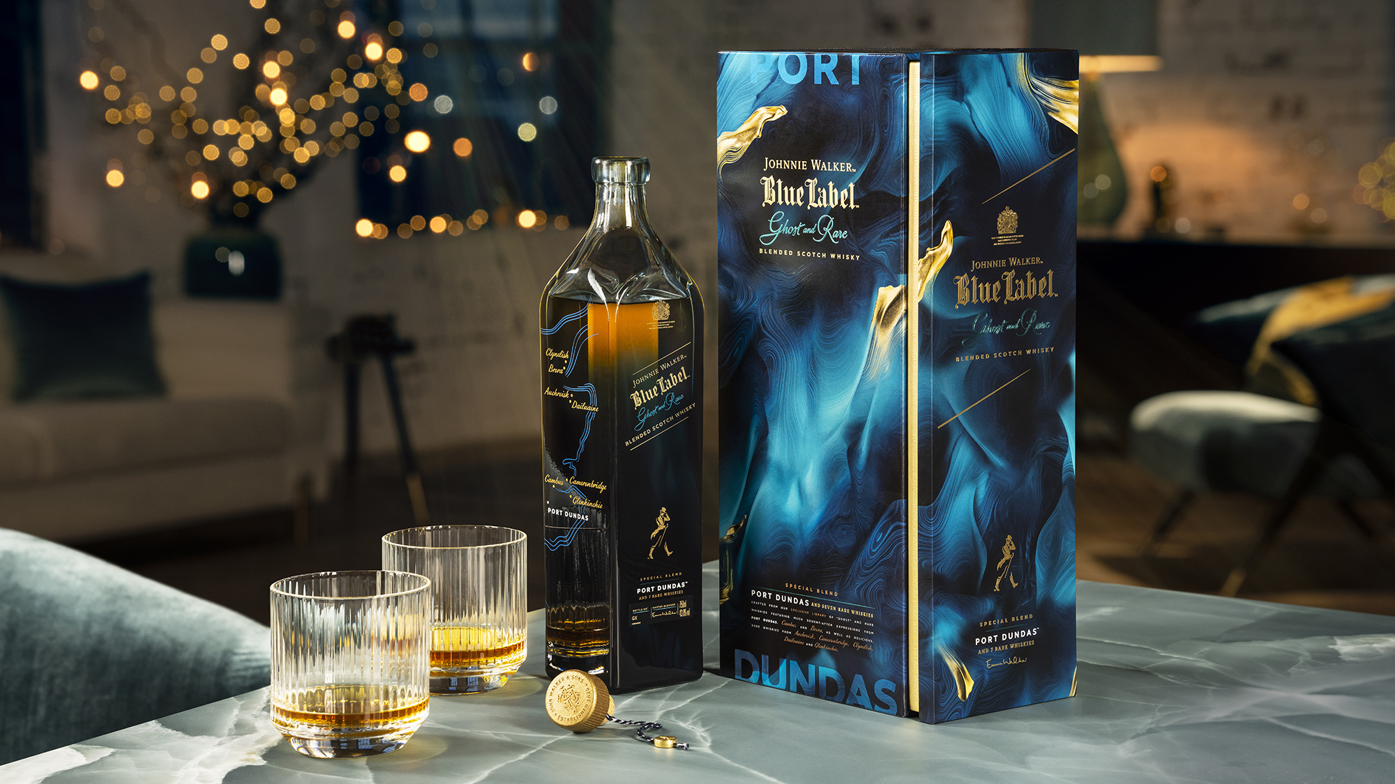 Johnnie Walker Blue Label Ghost and Rare Port Dundas Neat Pour at Night