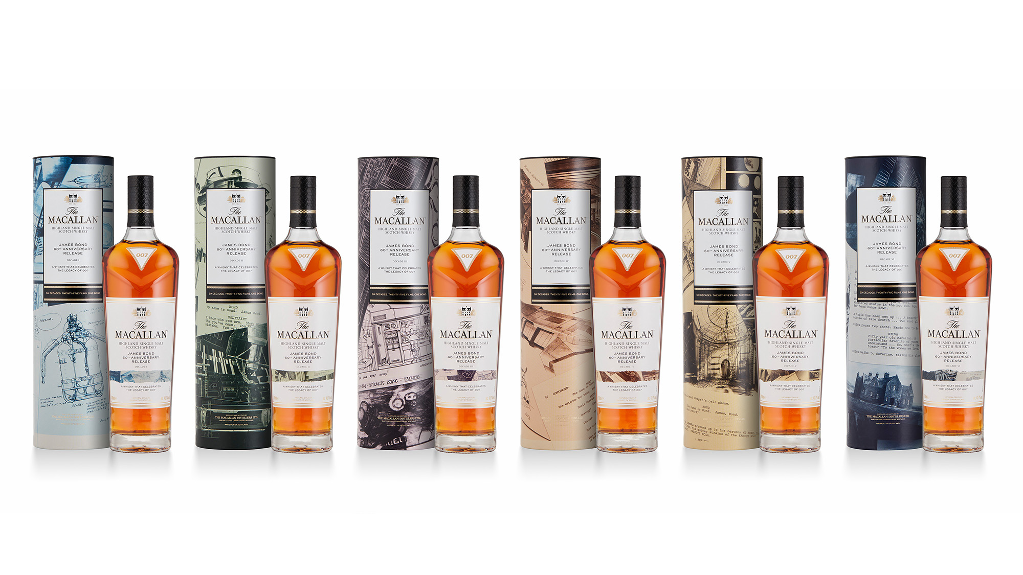 The Macallan James Bond 60th Anniversary Release Collection whisky bottles and packs